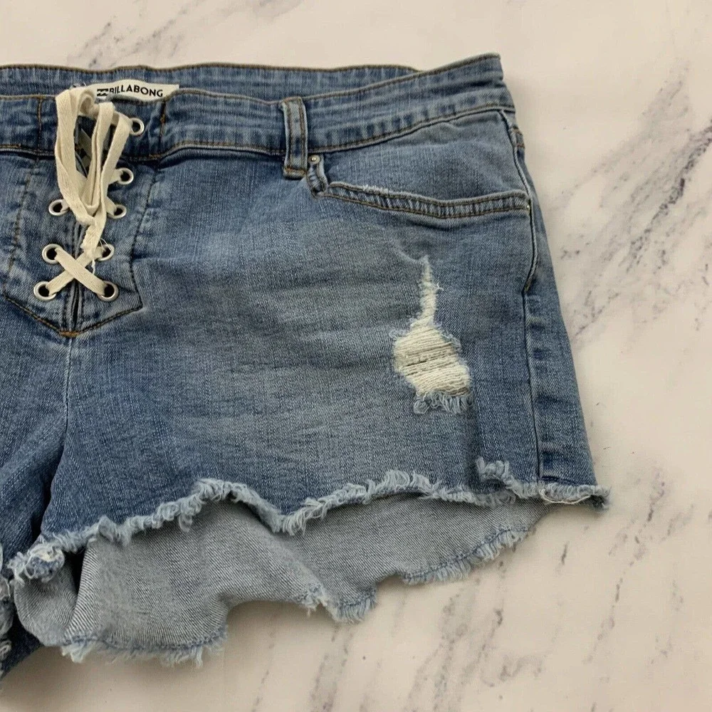 Billabong Womens Lace Up Jean Denim Shorts Size 30 Distressed Cut Offs Stretch - Picture 2 of 8